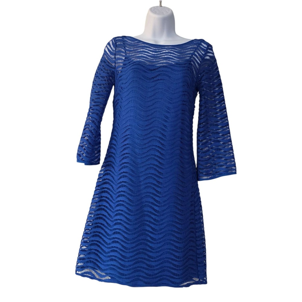 Lilly Pulitzer Blue Lace Shift Dress 3/4 Sleeve XXS Boat‎ Neck Designer Dress